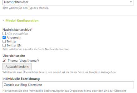 Backlink zur Übersichtsseite in der Konfiguration des Nachrichtenleser Moduls