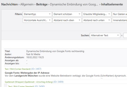 Der Breadcrumb im Backend auf der Ebene der Liste der Inhaltselemente