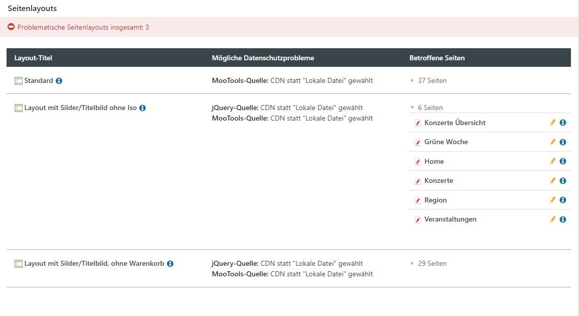 Problematische Seitenlayouts - Backend Ansicht